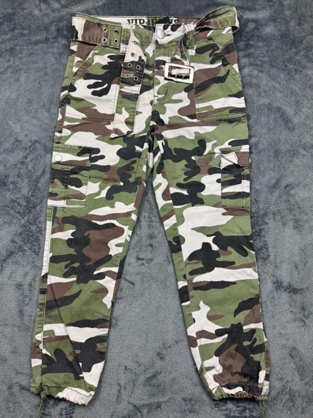 VIP Jeans Pants Juniors 11/30 Green Camo Cargo Belted Cuffed Stretch Twill